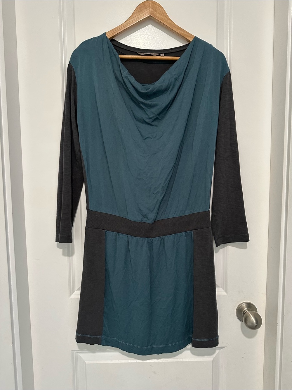 Sandwich Dark Teal and Black Draped Neck Knit Dress Drop Waist Women’s Sz EU 38